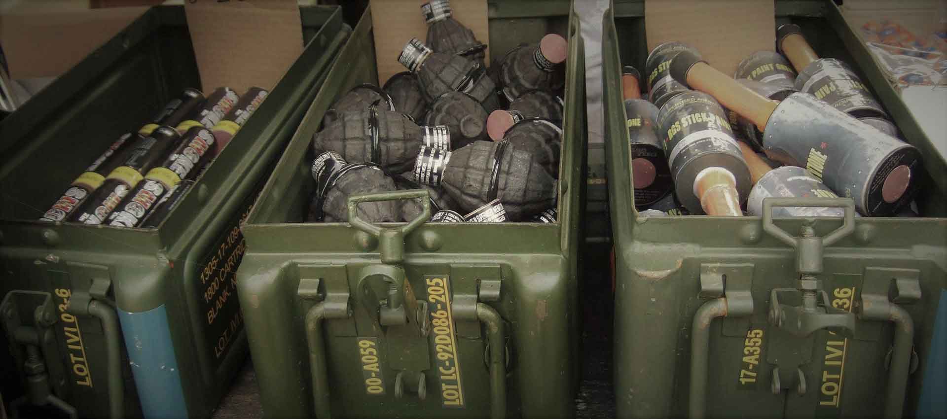 3 ammunition boxes containing paintball pyrotechincs, smoke and paint grenades